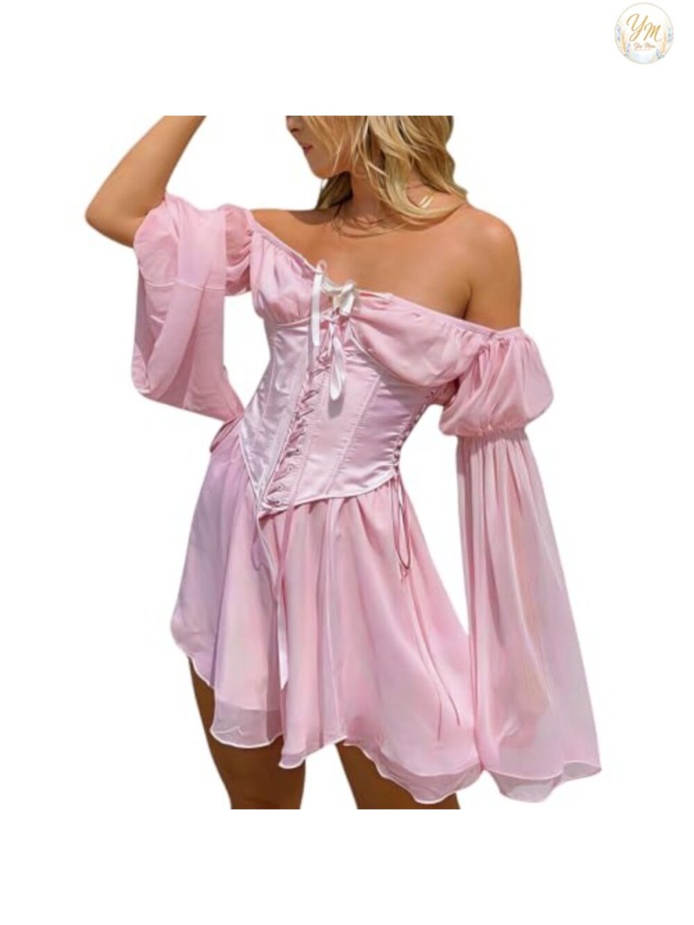 Women Off Shoulder Mesh Short Dress Adjustable Lace Up Puff Sleeve Swing